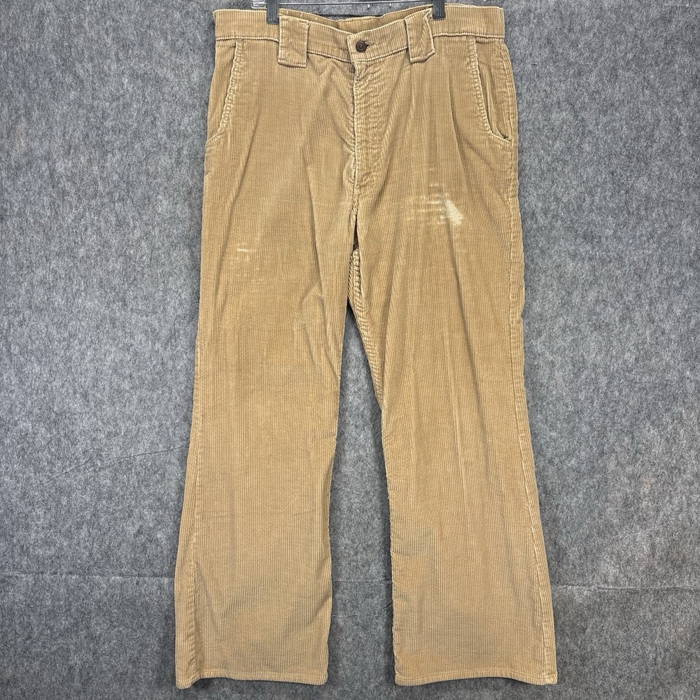 Vintage 1970s Levi's Corduroy Flare Pants 33x29 Tan Talon Zip USA Distressed - Picture 1 of 16
